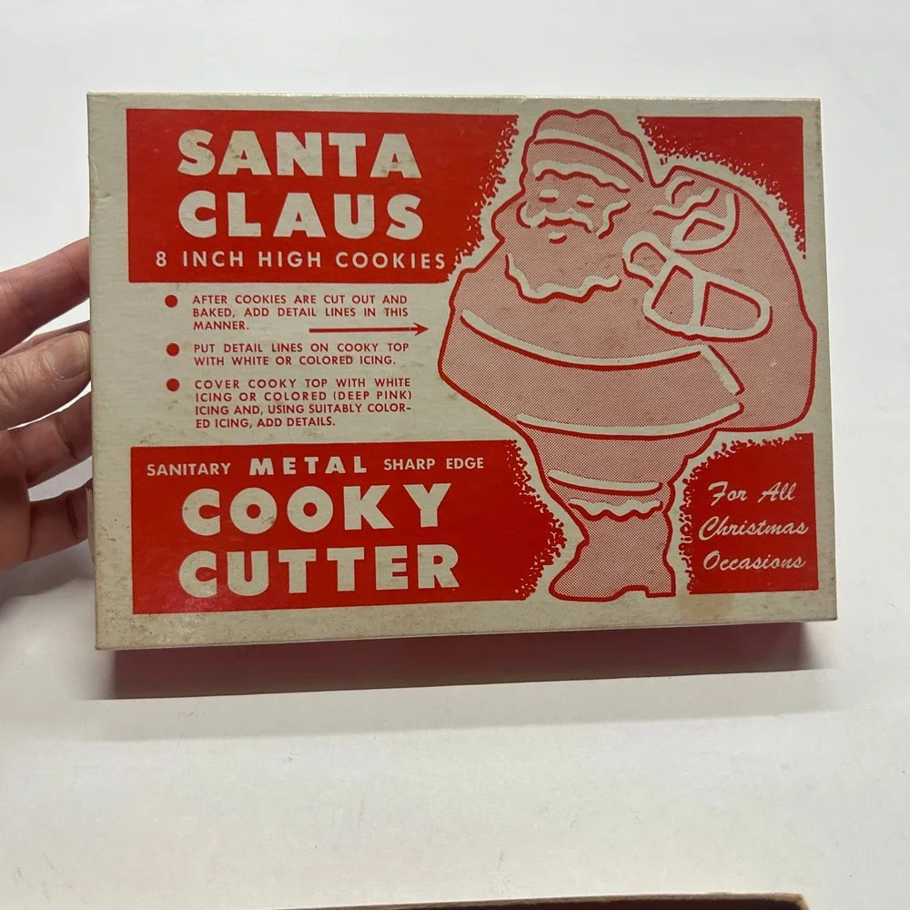 VTG 1940s Santa Metal Cookie Cutter w Box 8in‎ Christmas Kitchen Baking Collect